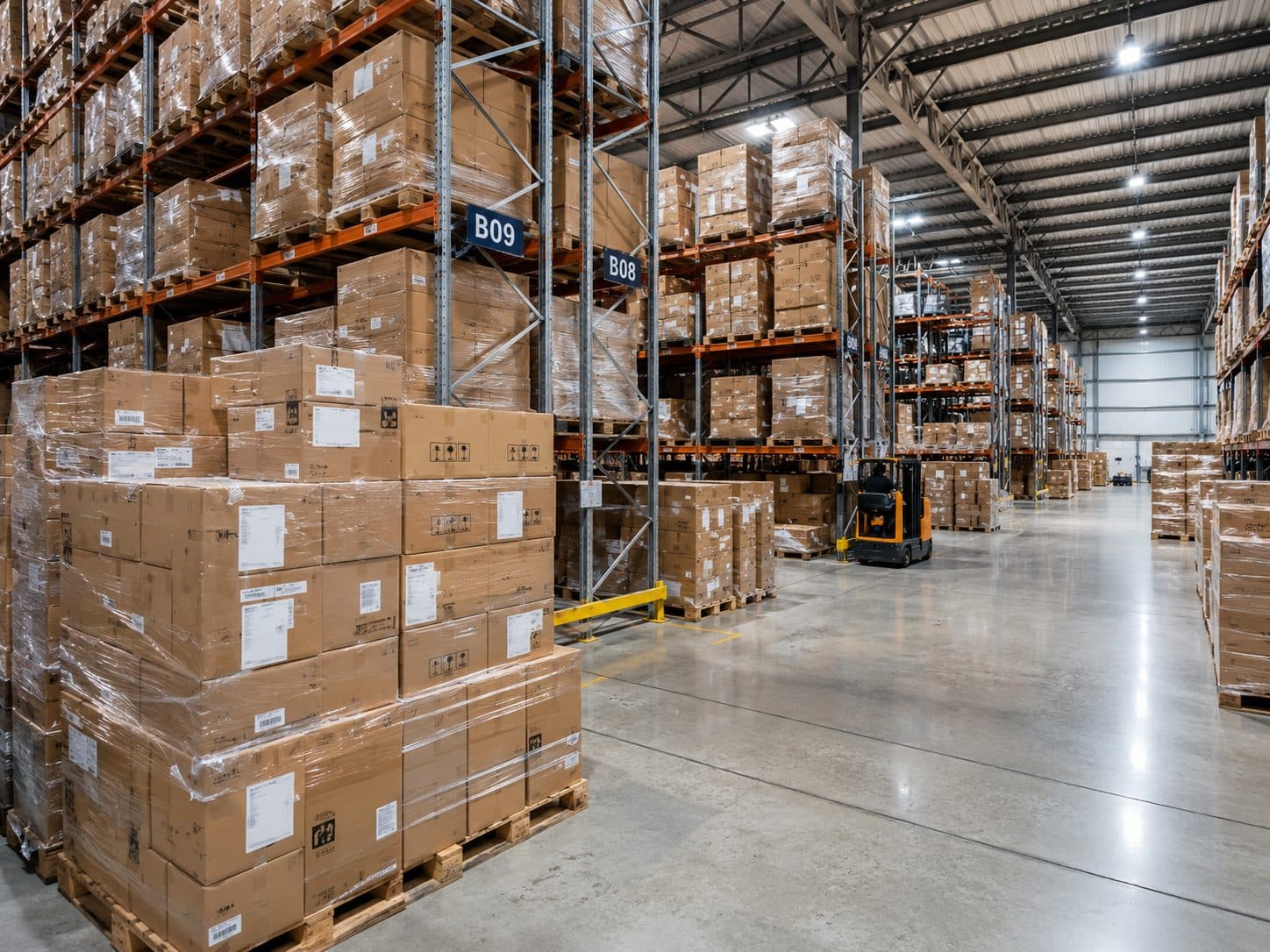 Bodega con pallets de cajas y montacargas — operación de despacho de Avila Core Group