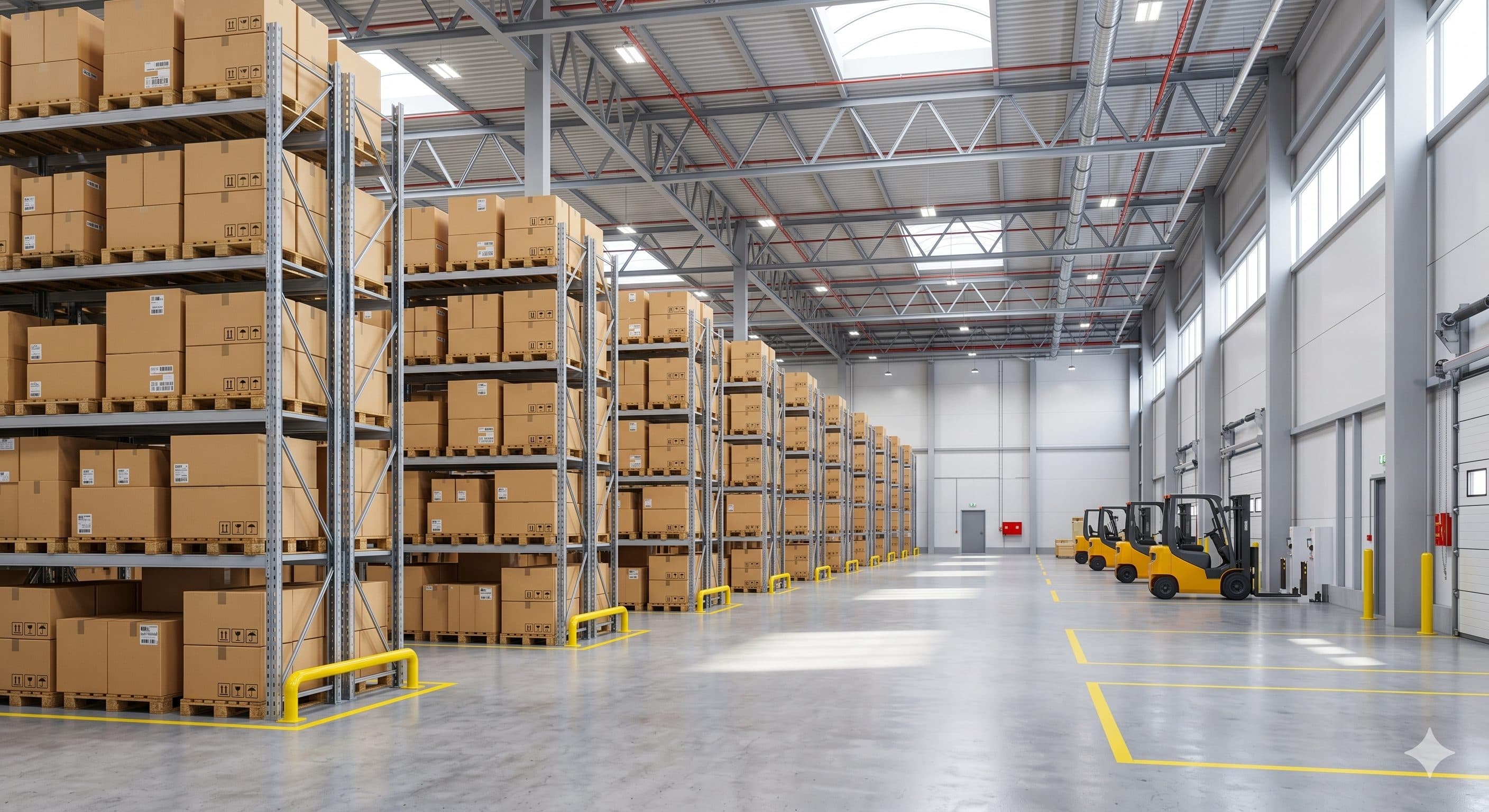 Bodega de distribución con cajas y montacargas — operación logística de Avila Core Group
