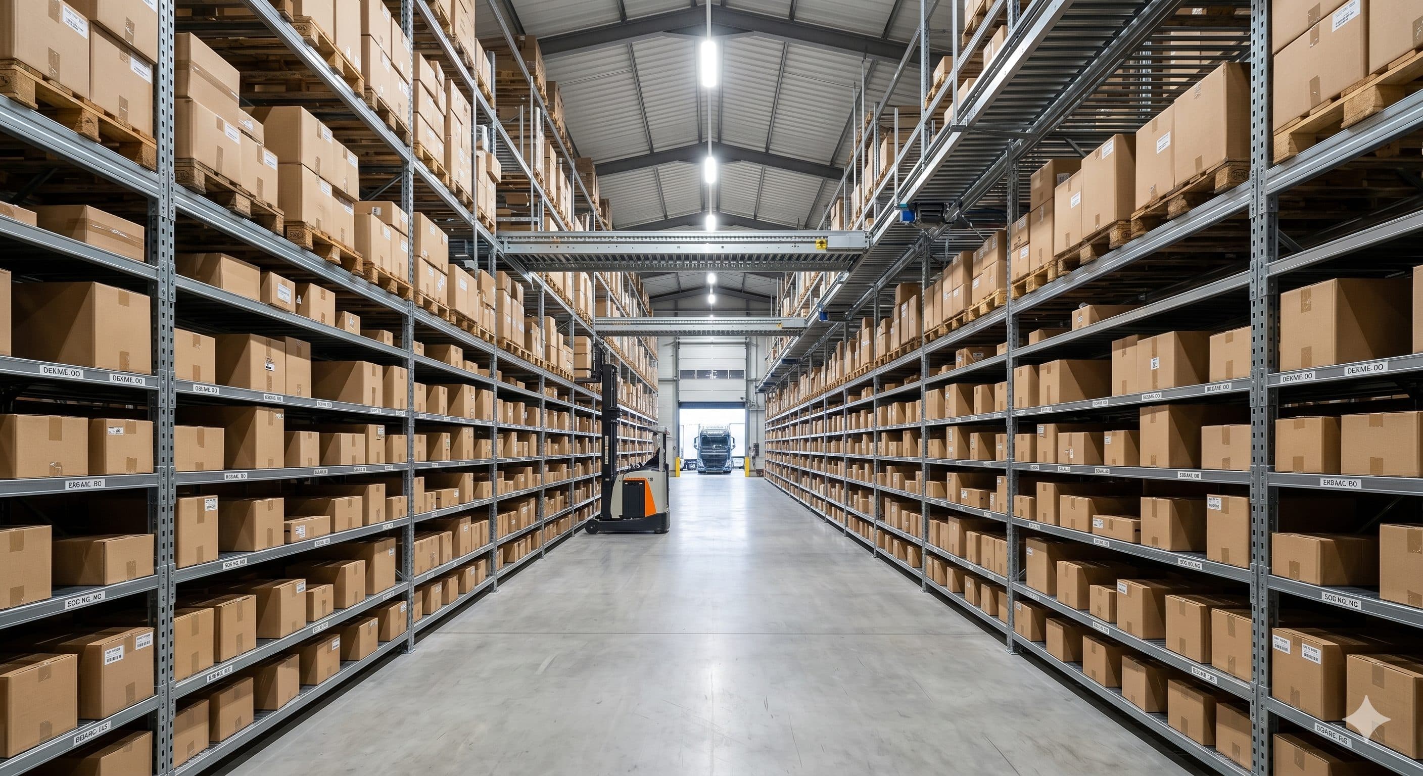 Pasillo de bodega con estanterías de productos — operación de preparación de pedidos de Avila Core Group